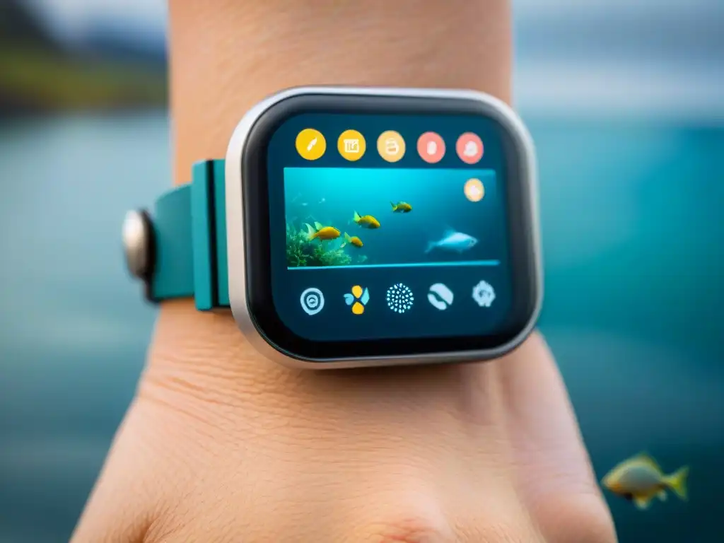 Dispositivo futurista para monitoreo de salud en acuicultura Dispositivo de tecnología para bienestar peces de diseño futurista en entorno acuático