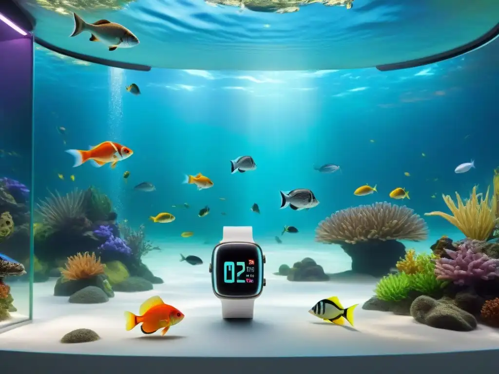 Dispositivo de monitoreo para acuarios con tecnología de vanguardia Dispositivo de tecnología para bienestar peces en acuario con sensores y pantalla mostrando datos en tiempo real