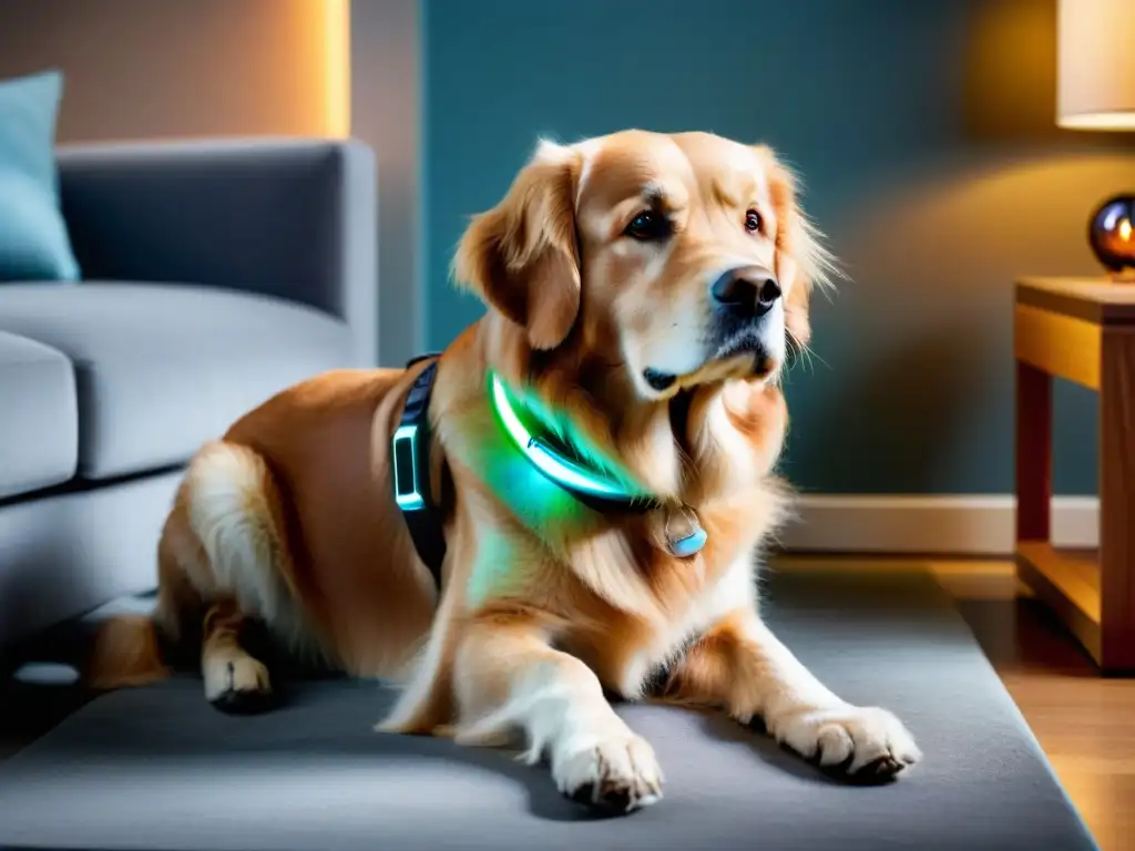 Un dispositivo wearable de alta tecnología para educar mascotas colocado en la pata de un perro, en un ambiente sereno