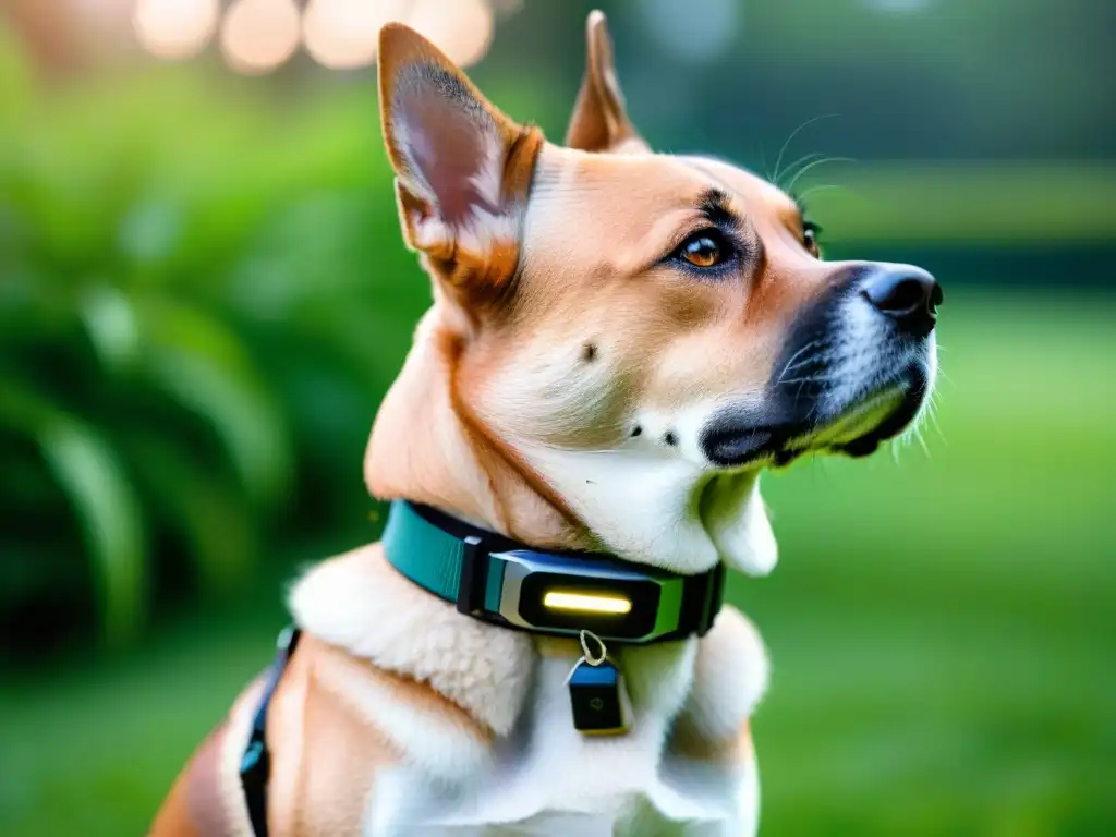 Un dispositivo wearable moderno para educar mascotas, con funciones innovadoras y un perro obediente en un jardín verde