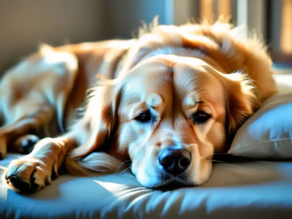 Retriever dorado durmiendo feliz en cama suave Un golden retriever dormido en una cama suave, transmitiendo calma y felicidad
