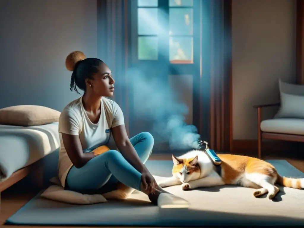 Un dueño de mascota cuidadoso administra insulina a su amigo peludo diabético, creando un vínculo emocional en un hogar acogedor