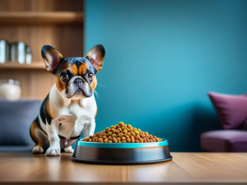 Un dueño preocupado lee las etiquetas de comida para mascotas mientras un tazón rebosa de croquetas coloridas