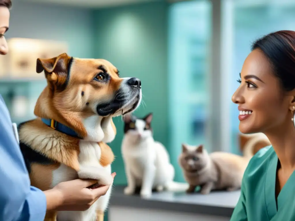 Atención y emoción en clínica veterinaria: dueños y mascotas Dueños de mascotas interactúan con sus animales en clínica veterinaria