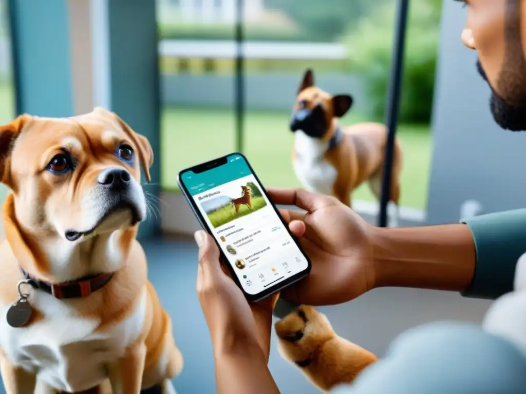 Dueños de mascotas y apps de salud: documental cariñoso Dueños de mascotas usando aplicaciones para monitorizar la salud de sus animales en clínica veterinaria moderna