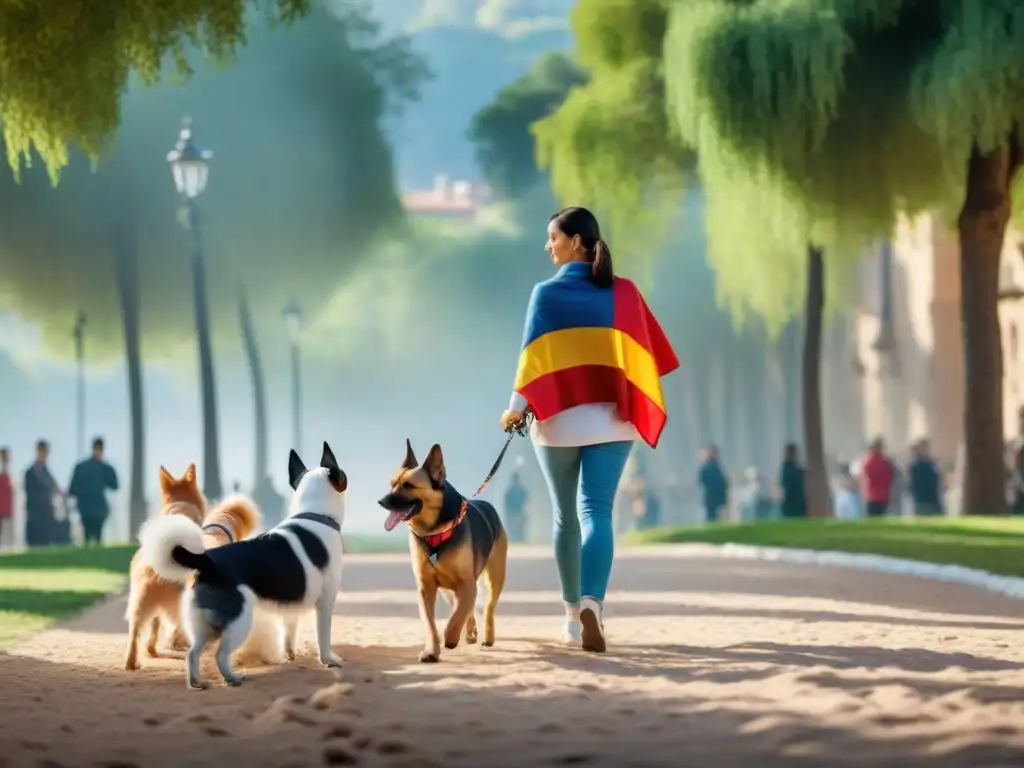 Dueños de mascotas en España practicando la tenencia responsable de mascotas en un parque pintoresco