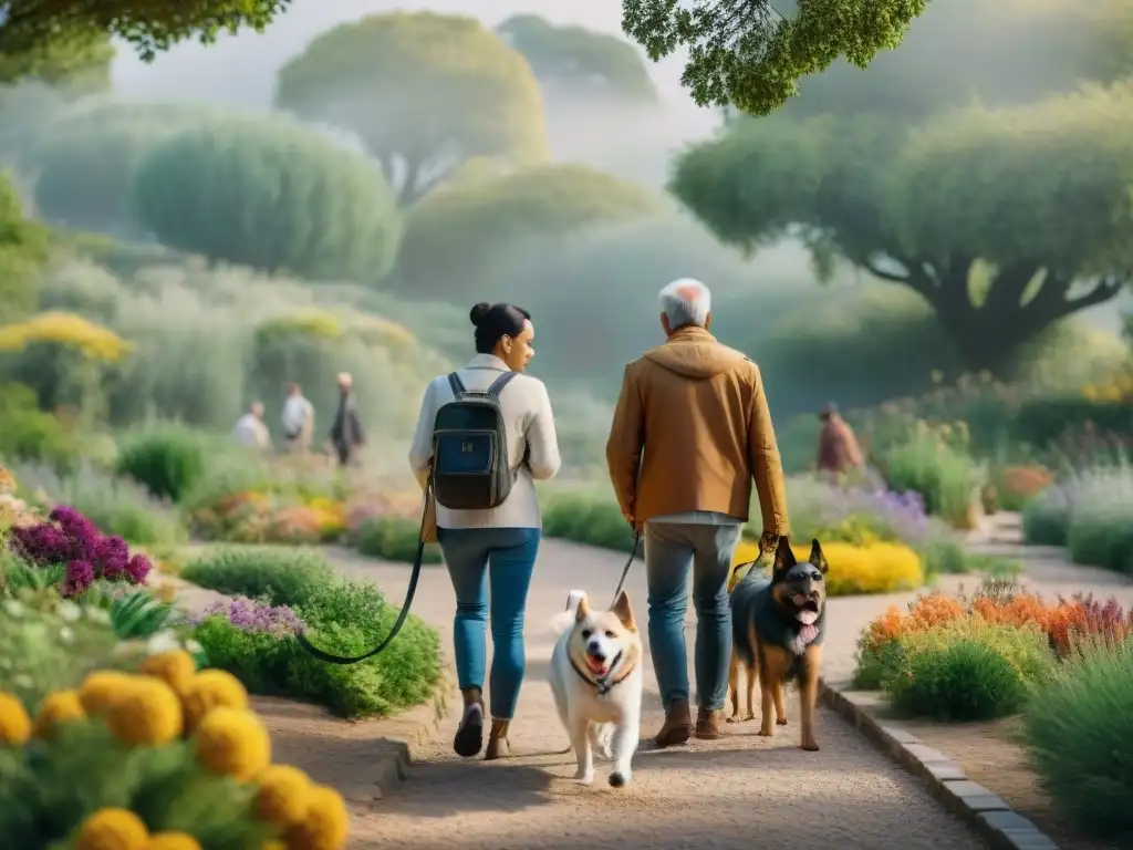 Dueños pasean perros en parque de España, mostrando tenencia responsable y diversidad de razas