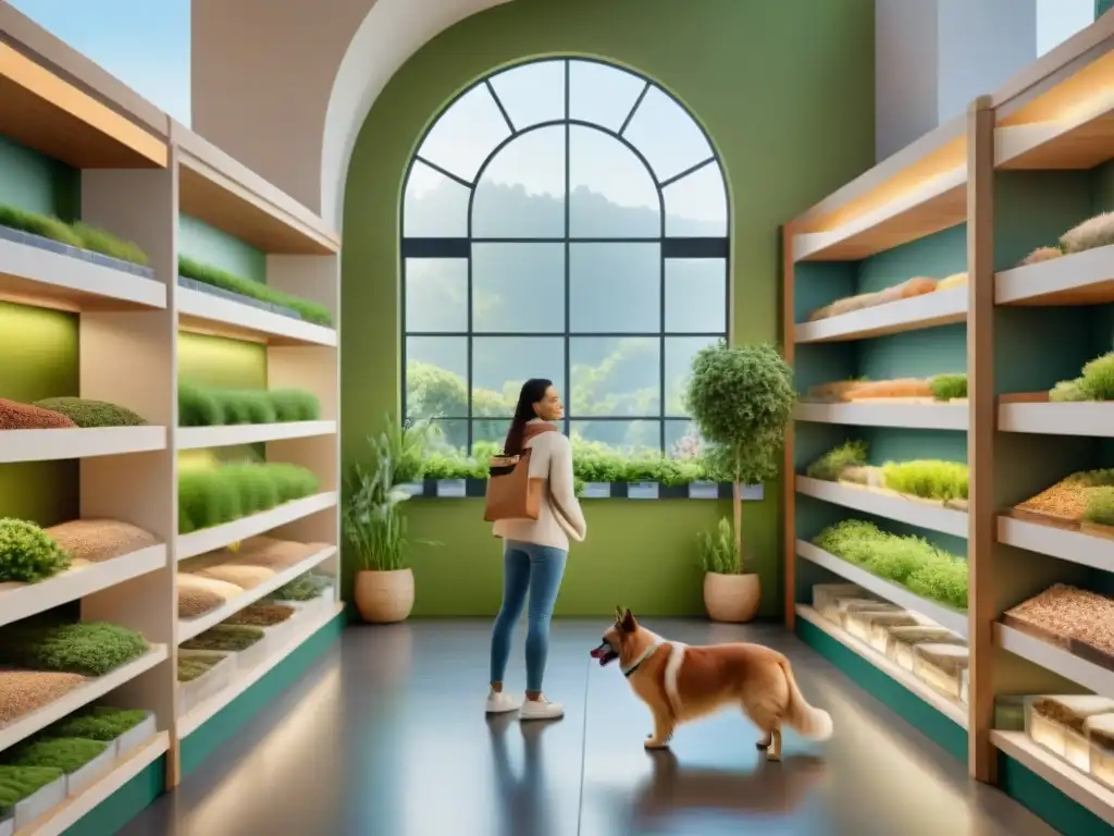 Dueños sonrientes comprando productos ecofriendly para mascotas en tienda vibrante y ecológica