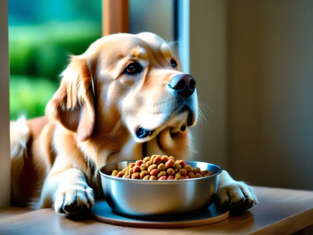 Delicia natural: Golden retriever feliz disfrutando su comida sin granos Un dulce Golden Retriever disfruta de alimentos sin cereales para perros, con ingredientes naturales y nutritivos