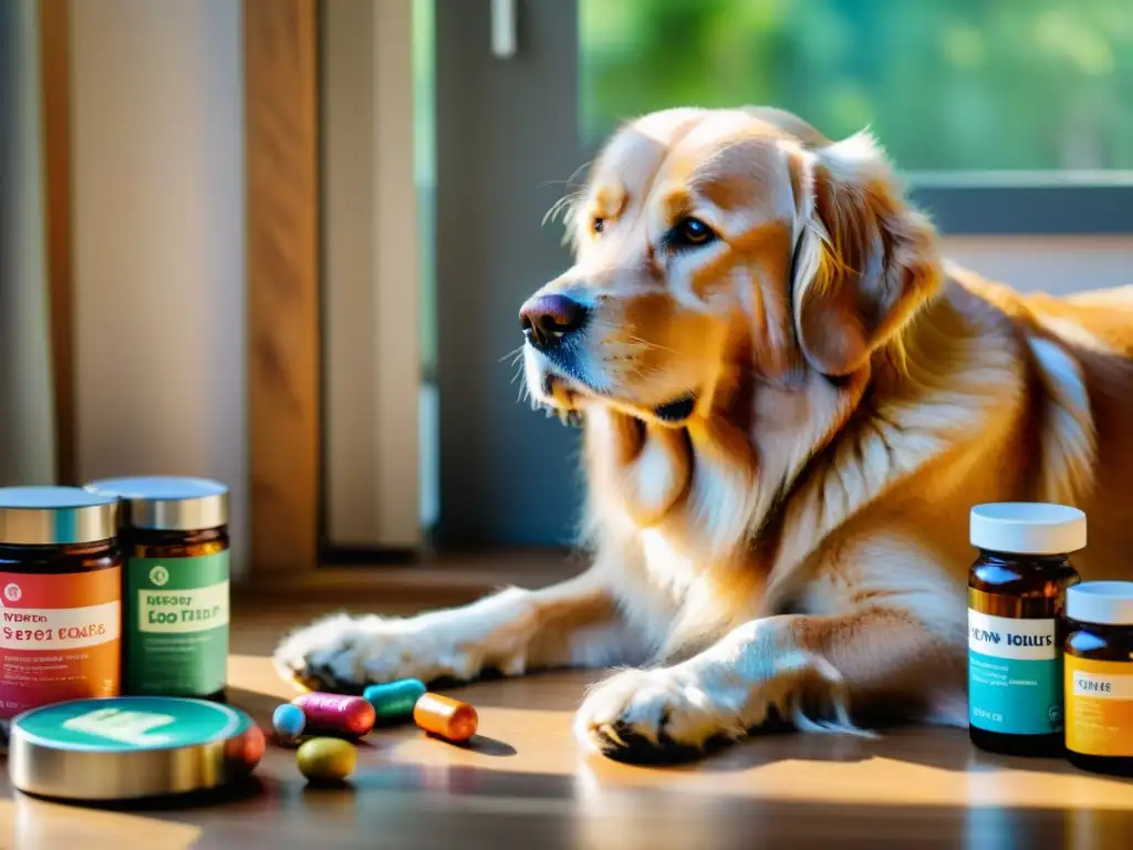 Compasión y cuidado integral para perros mayores Un dulce golden retriever anciano rodeado de vitaminas, junto a un veterinario que brinda consejos para cuidar mascota anciana