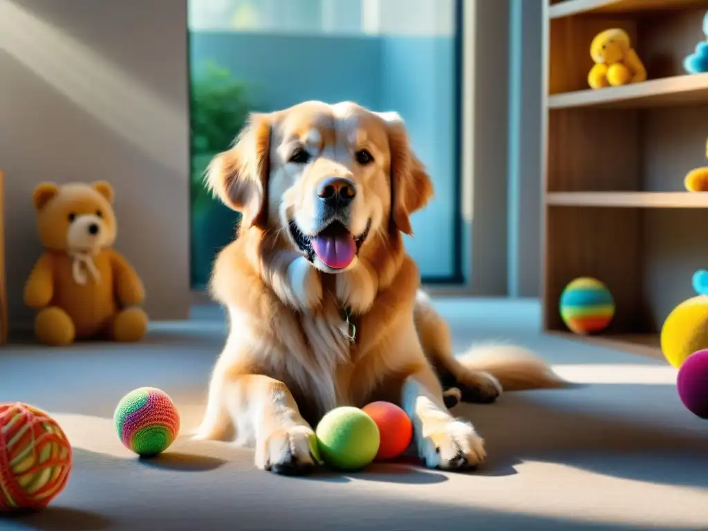Juguetes interactivos para perros: paz y diversión Un dulce golden retriever jugando con juguetes para reducir agresividad mascota en una habitación soleada y colorida