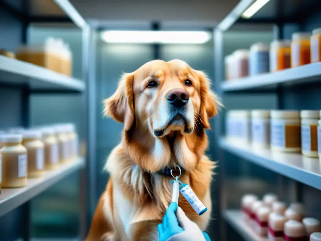 Vacunación con amor: Retriever dorado mayor confiando en su veterinario Un dulce golden retriever mayor recibe una vacunación en la clínica veterinaria, mostrando el vínculo con su cuidador