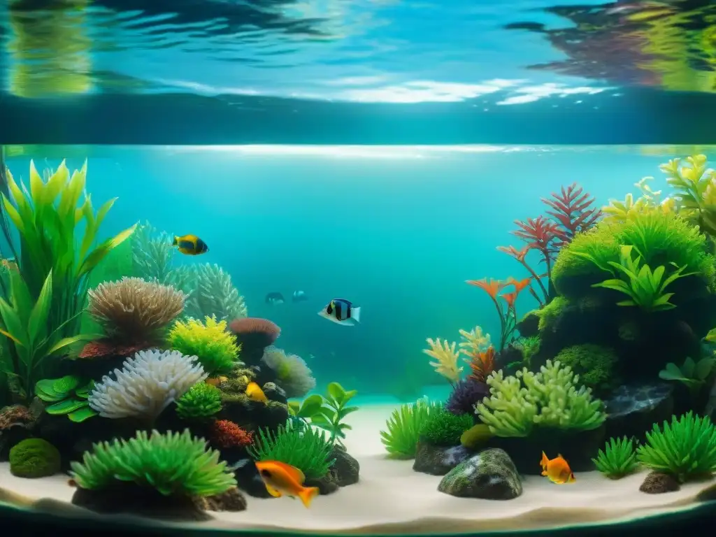 Acuario equilibrado: armonía de peces y plantas acuáticas Un ecosistema acuático equilibrado, con peces coloridos y plantas exuberantes reflejados en el agua cristalina