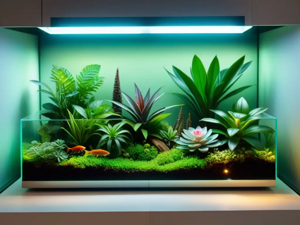 Terrario vibrante: ecosistema iluminado por LED Un ecosistema vibrante en un terrario iluminado con iluminación LED, mostrando plantas exuberantes, insectos y un reptil colorido