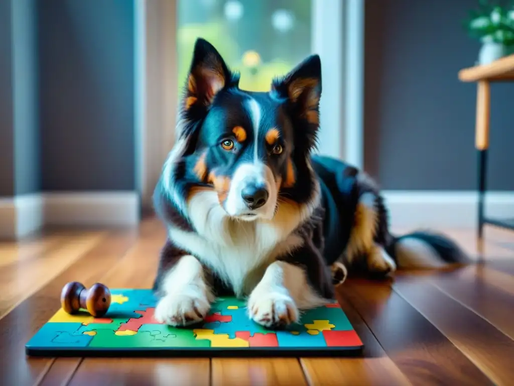 Border Collie jugando con rompecabezas: estimulación mental canina Border Collie disfrutando de ejercicios estimulación mental perros con juguetes de rompecabezas en suelo de madera iluminado por ventana