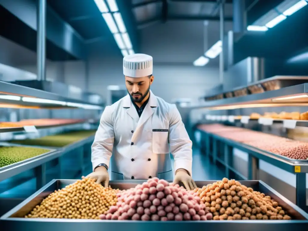 Producción premium de alimentos para perros con carnes exóticas en moderna fábrica Elaboración cuidadosa de alimentos premium para perros con carnes exóticas, mostrando atención al detalle y calidad
