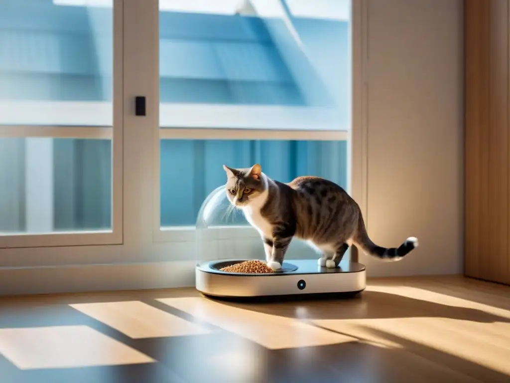 Comedero automático con cámara: gato elegante en cocina moderna Un elegante alimentador automático con cámara capturando a un gato esponjoso comiendo en una moderna cocina con luz natural