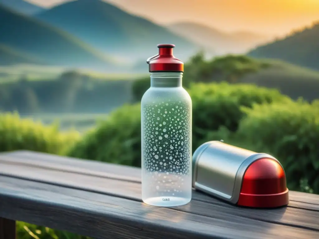 Botella de agua para mascotas: detalle en acero inoxidable con tapa roja brillante, resaltando la importancia de la hidratación durante el viaje Un elegante bebedero para mascotas de acero inoxidable con tapa roja brillante, en un banco de madera bajo el sol