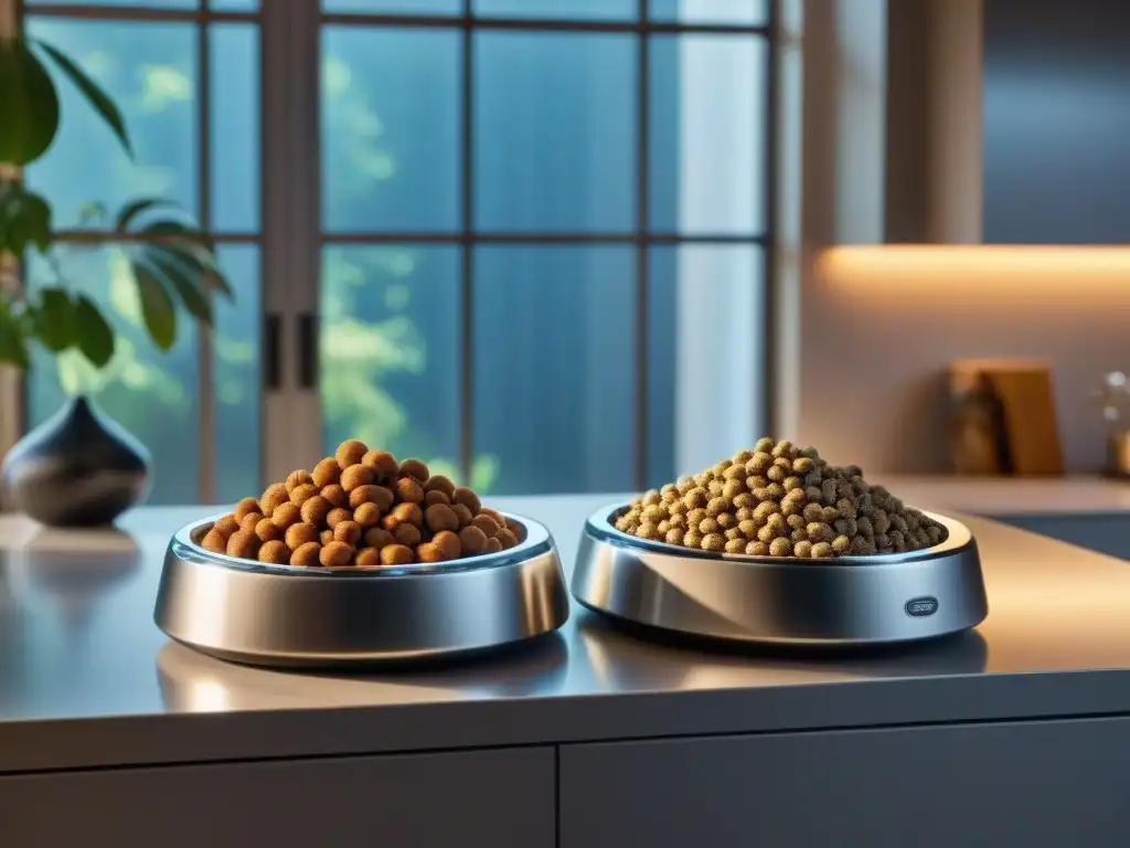 Un elegante rincón de cocina con accesorios de lujo para mascotas y alimentación saludable