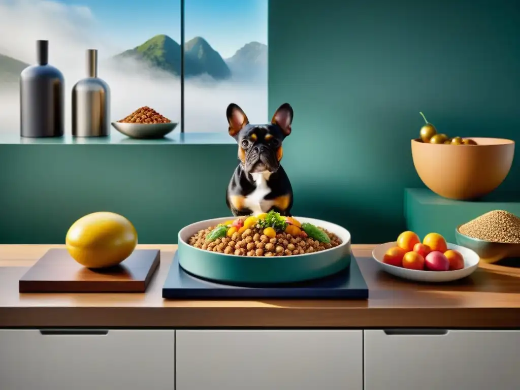 Una elegante y detallada alimentación saludable para mascotas en un moderno mostrador de cocina