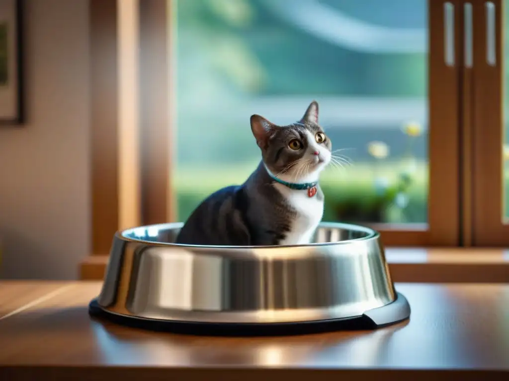 Un elegante y detallado tazón de acero inoxidable para mascotas, reflejando la luz natural