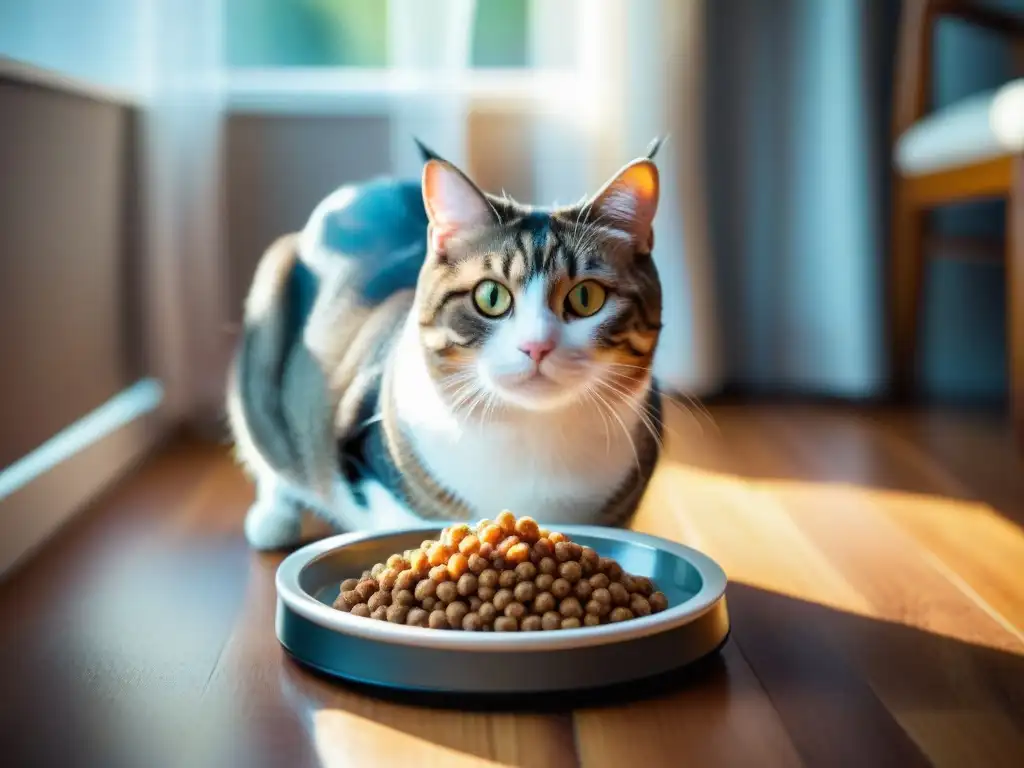 Exquisita experiencia felina: gato disfrutando su comida premium Un elegante gato disfruta de alimentos premium en su dieta, en una atmósfera tranquila y luminosa