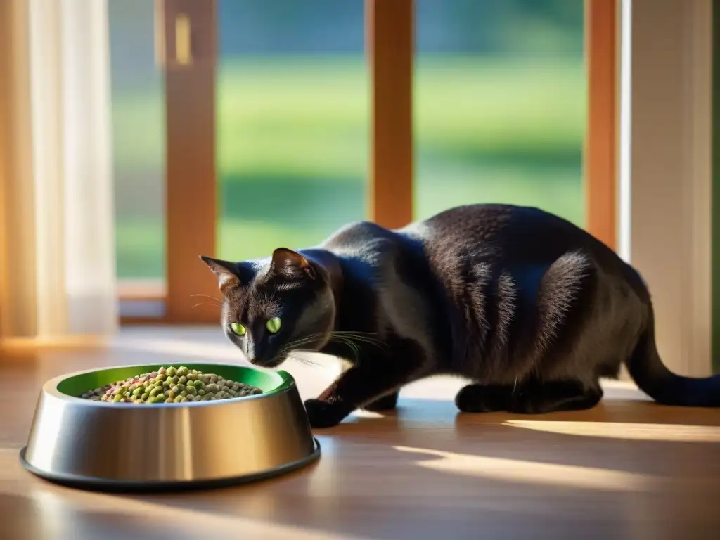 Transición de dieta: Gato negro curioso y elegante olfateando comida premium Un elegante gato negro de ojos verdes curiosos explorando una transición de alimentos premium en un hogar acogedor