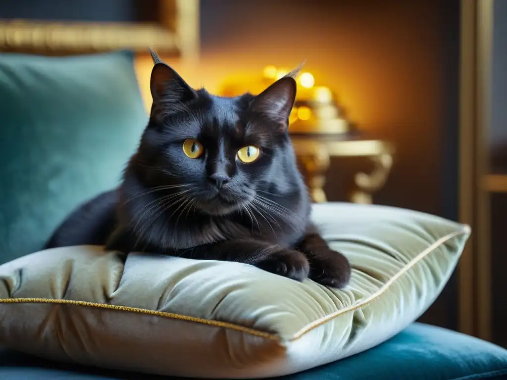 Majestuoso gato negro en cojín de terciopelo Un elegante gato negro posado sobre un cojín de terciopelo, iluminado por un rayo de luz natural