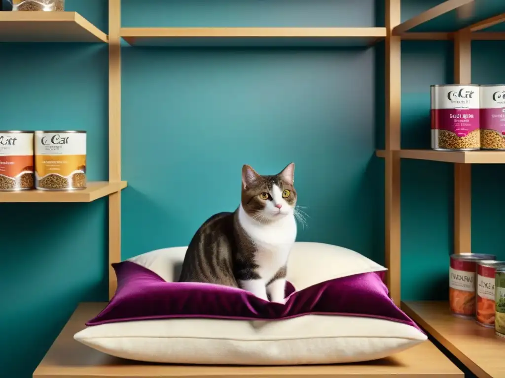 Exclusiva selección gourmet para gatos con necesidades especiales Un elegante gato descansando en cojín de terciopelo, rodeado de exclusivo alimento gourmet para gatos especiales