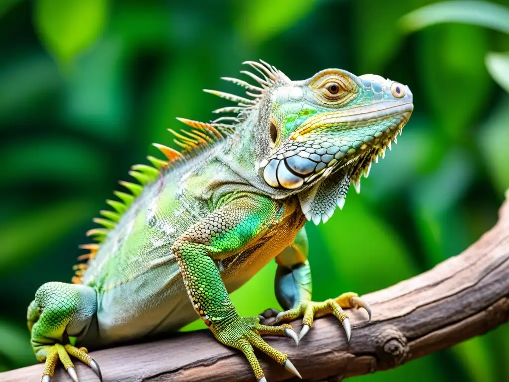 Imponente iguana trepando rama: detalle vibrante Elegante iguana escalando rama, escamas verdes brillantes al sol