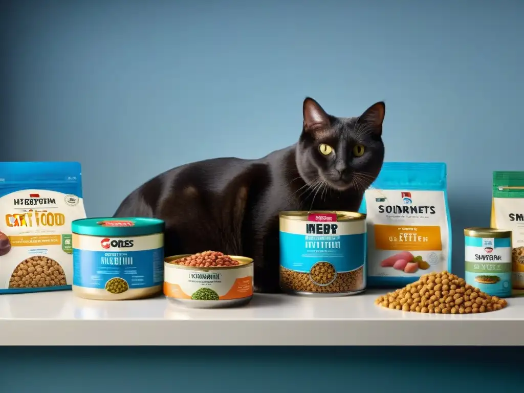 Alimentación gourmet para gatos: Cocina moderna con platos especializados Elegante presentación de alimento gourmet para gatos especiales con etiquetas de 'glutenfree', 'highprotein' y 'sensitive stomach'