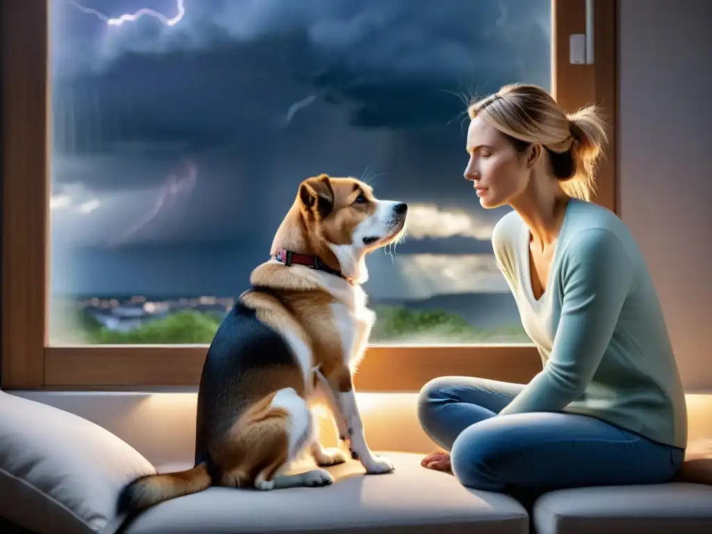 Confort en la tormenta: dueño calma a su perro ansioso La conexión emocional entre un dueño y su perro ansioso durante una tormenta, reflejando el vínculo que alivia la ansiedad de separación en mascotas