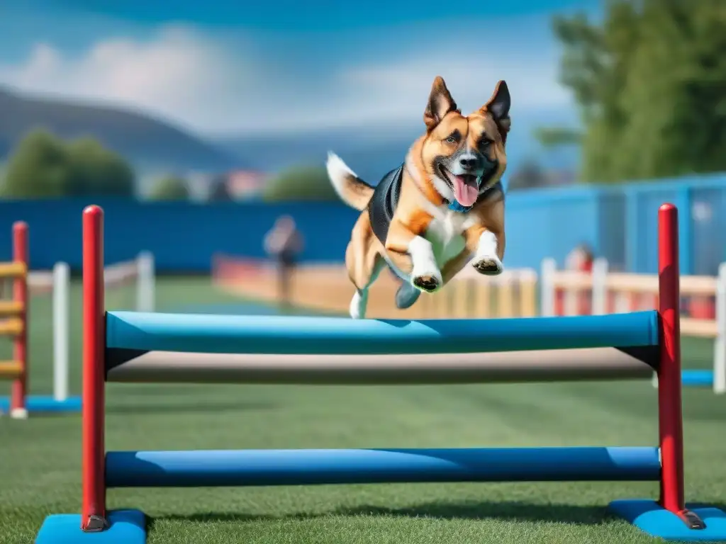 Emocionante competencia de Agility para perros con un perro alegre saltando obstáculos en un curso vibrante