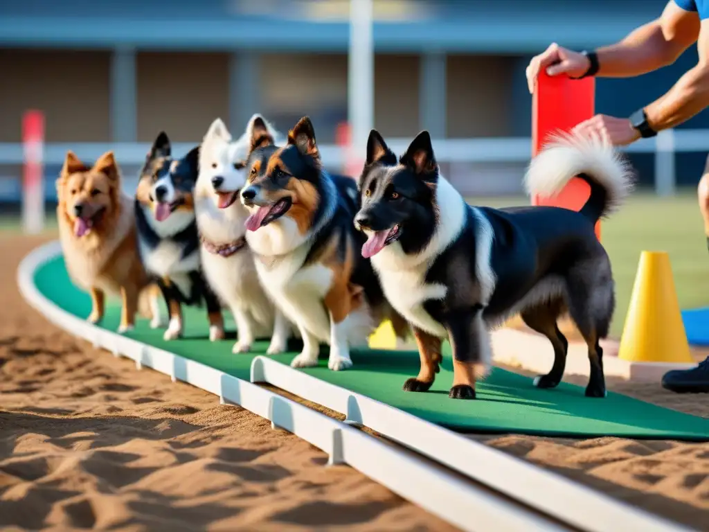 Emocionante encuentro de Agility para perros: diversidad de razas listas para la competencia, en un escenario vibrante y lleno de energía