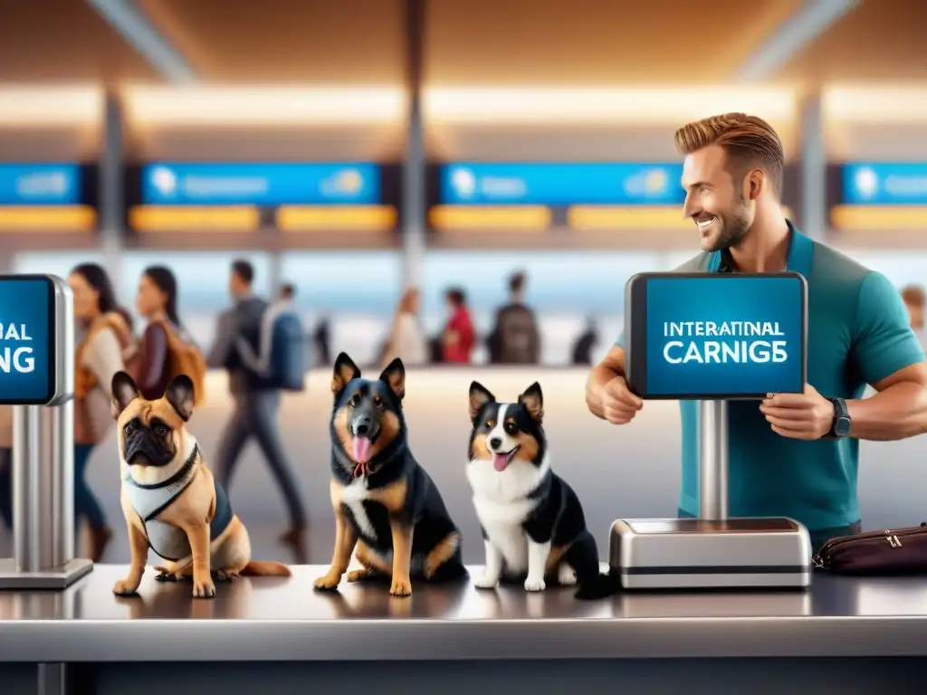 Preparación para viaje internacional con mascotas en aeropuerto Emotiva escena en aeropuerto: viajeros con sus mascotas cumpliendo regulaciones internacionales viajes mascotas