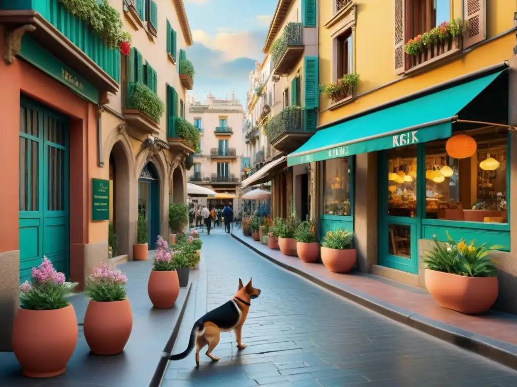 Encantadora calle petfriendly en Barcelona Encantadora calle de Barcelona, llena de cafeterías y tiendas petfriendly, donde los locales disfrutan con sus mascotas