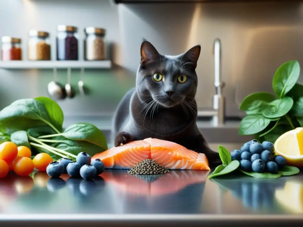 Encantadoras materias primas para comida de gatos casera Encantadora cocina de acero inoxidable con ingredientes frescos y organizados para la prevención contaminación alimentos crudos gatos