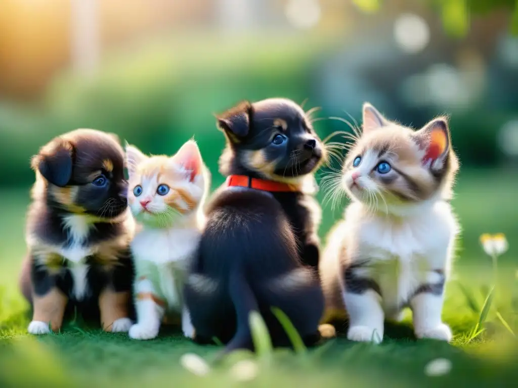 Tierna convivencia: cachorros y gatitos jugando en el parque Encantadora escena de cachorros y gatitos jugando en un parque, transmitiendo alegría y camaradería entre amigos peludos