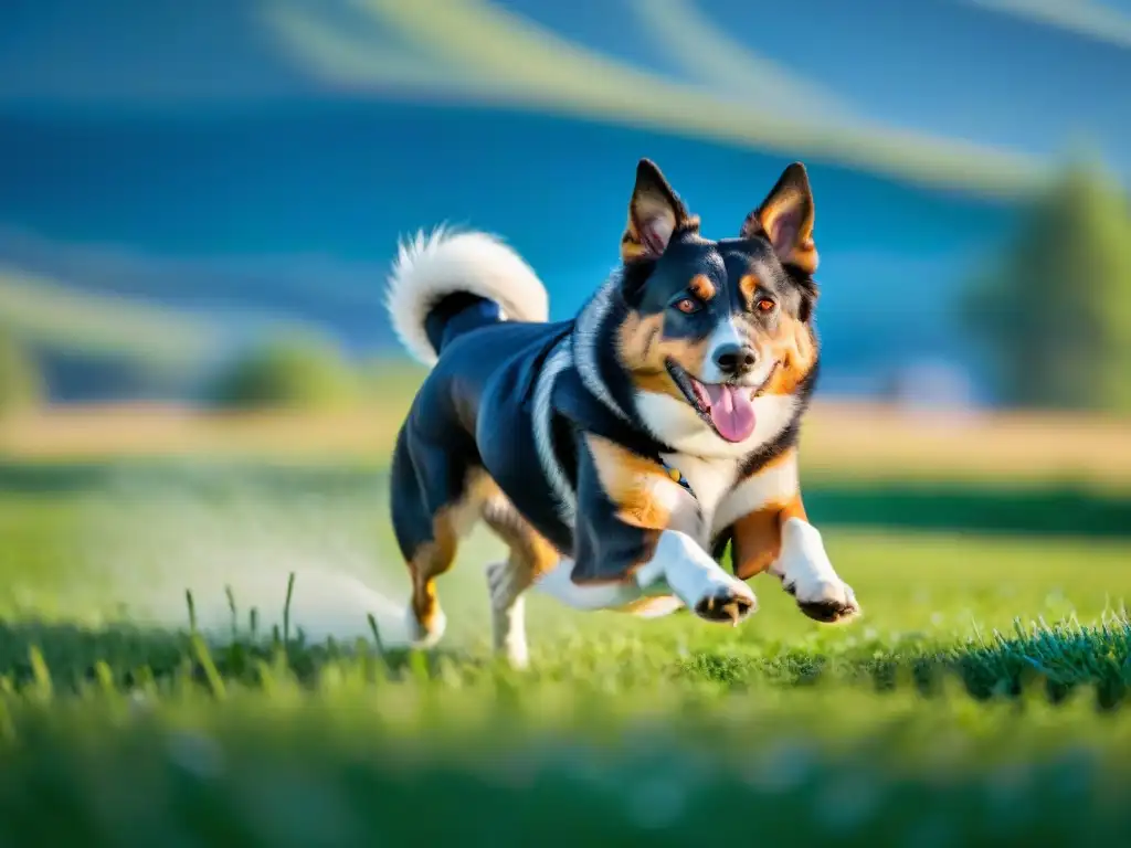 Perro enérgico corre con su dueño en un campo verde bajo cielo azul, transmitiendo vitalidad y alegría en su plan de ejercicio personalizado mascota