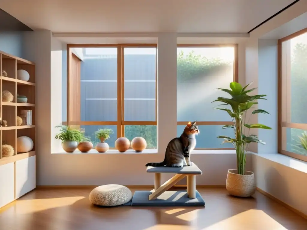 Enriquecimiento ambiental felinos saludable: Un árbol para gatos moderno con un gato en la ventana