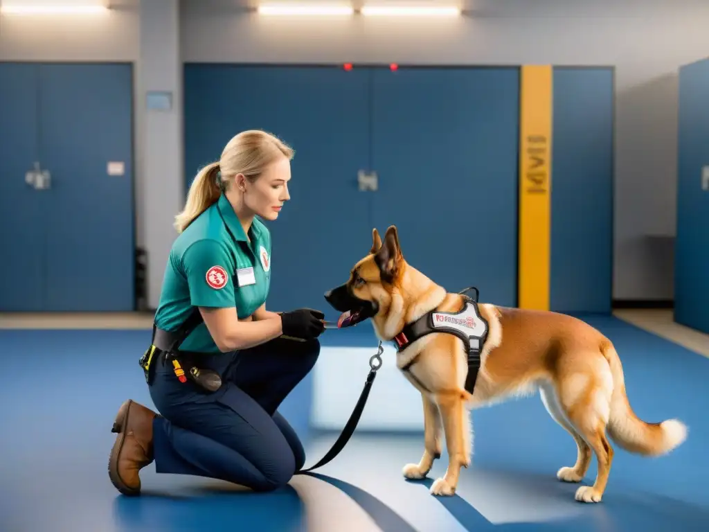 Entrenamiento especializado: la unión perfecta entre perro y entrenador Un entrenador de animales de asistencia guía con precisión a un perro en un centro especializado, rodeados de equipo de entrenamiento