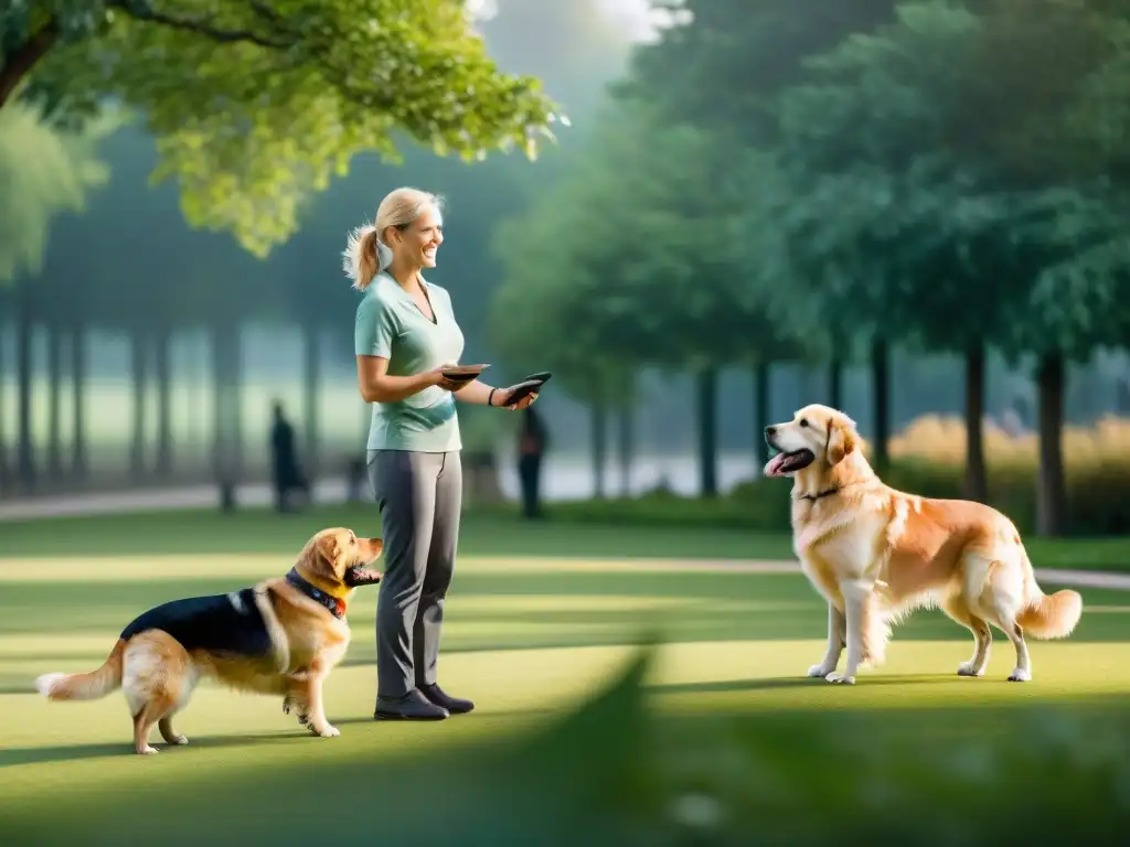 Trainer de perros guía: independencia y empatía en el parque Un entrenador de animales de asistencia guía a una persona ciega con su perro guía en un parque, transmitiendo profesionalismo y compasión