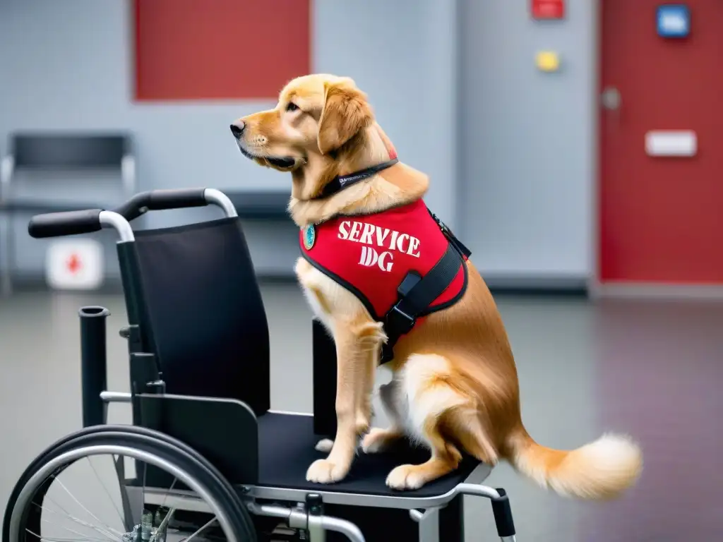 Entrenamiento de perro de servicio: conexión y dedicación Un entrenador de animales de asistencia en silla de ruedas sonríe mientras entrena a un perro de servicio dorado