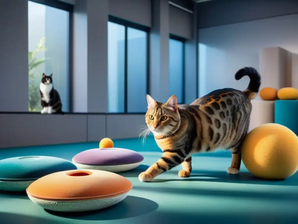 Entrenador de gatos profesional: innovación y complicidad felina Un entrenador de gatos profesional y tecnológico interactúa con sus felinos alumnos en un ambiente luminoso y lleno de juguetes