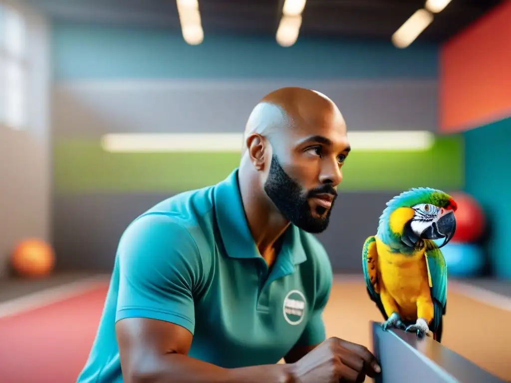 Entrenador de mascotas con clicker: diversidad en aprendizaje Un entrenador de mascotas usa un clicker para enseñar a perros, gatos y un loro en un ambiente colorido y positivo