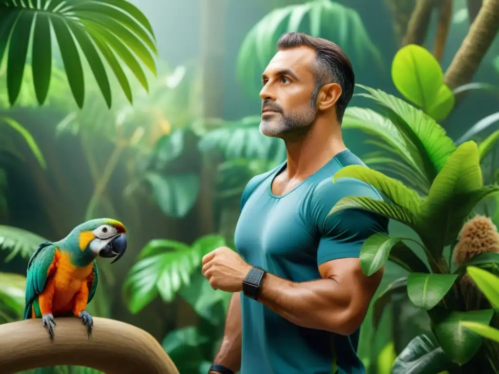 Entrenador de animales exóticos guía rutina en paraíso tropical Un entrenador de mascotas exóticas guía a una variedad de animales en ejercicio en un exuberante entorno tropical
