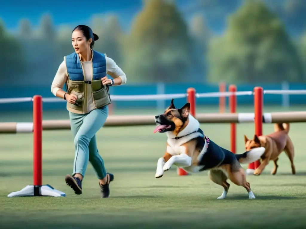 Entrenador canino profesional guiando perros en un parque verde Un entrenador de perros profesional guía alegres canes en un parque verde