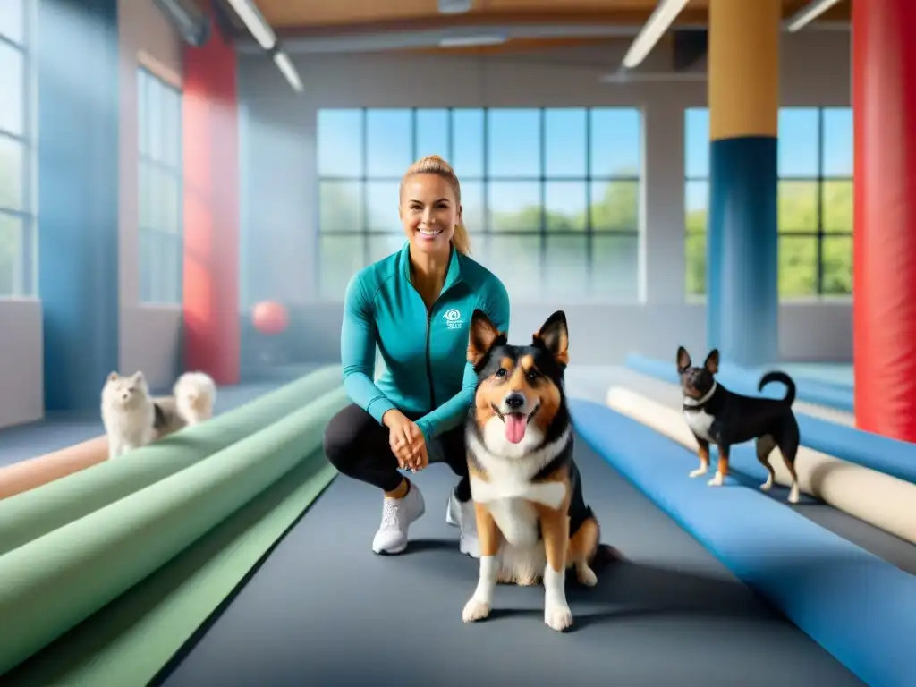 Un entrenador de perros profesional guía a mascotas diversas en un centro de entrenamiento soleado y espacioso