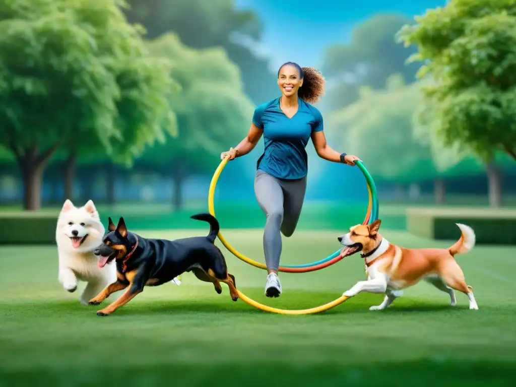 Entrenador de perros guía diversidad en agility en parque verde Un entrenador profesional de perros guía a una diversa manada en ejercicios de agilidad en un parque verde