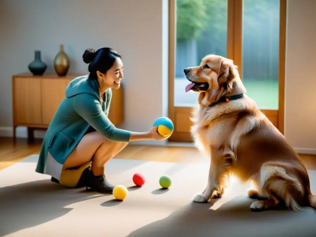 Terapia canina: juego de confianza entre entrenador y golden retriever Entrenador jugando con un golden retriever usando juguetes para reducir agresividad mascota en un ambiente sereno de sala iluminada naturalmente